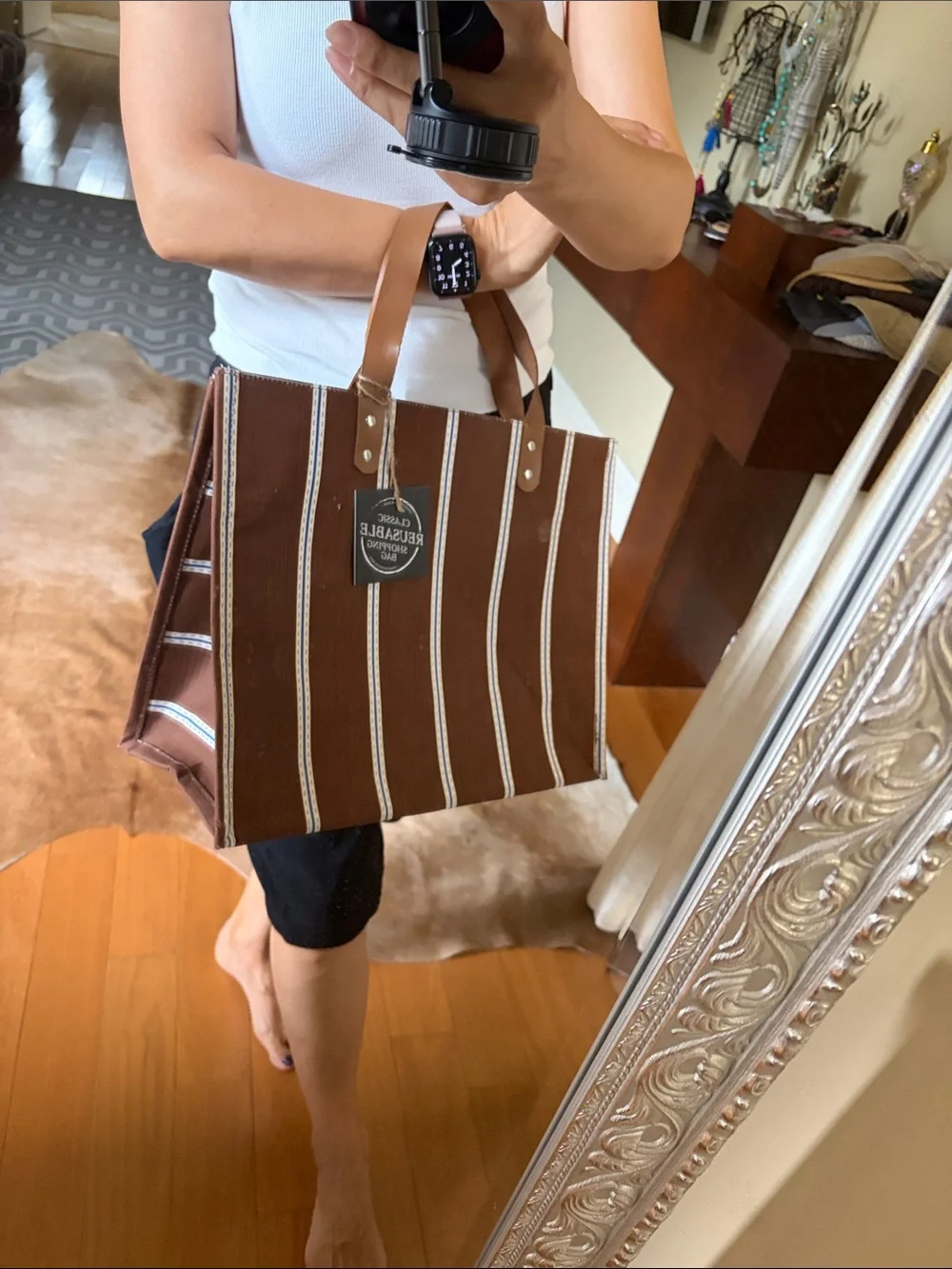 Anthropologie Brown Striped Reusable Shopping Tote handmade by India
